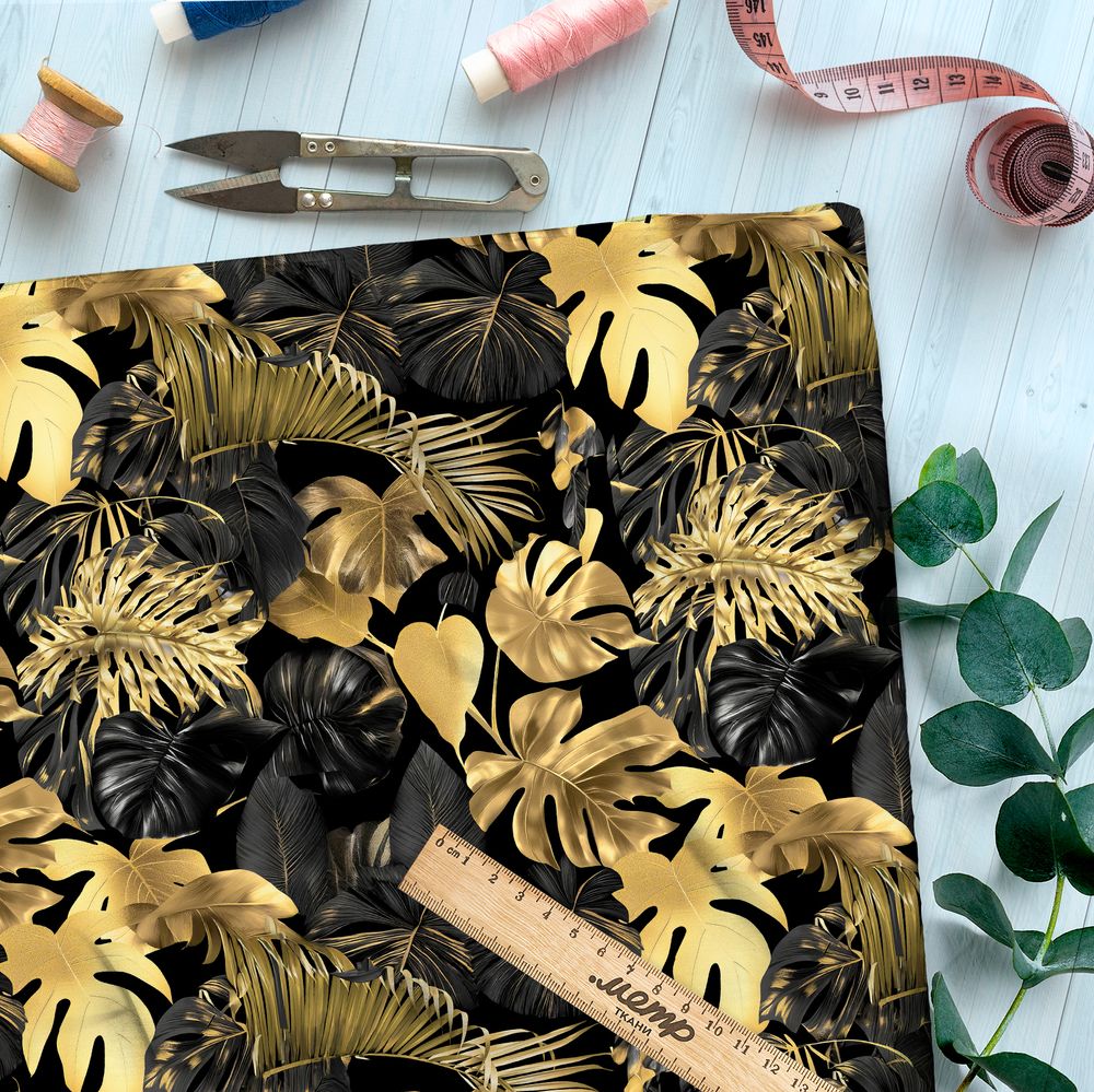 Ткань атлас золотистые листья монстеры