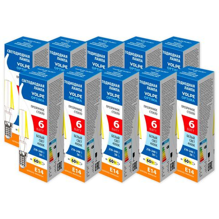 LED-CW35-6W-4000K-E14-CL-SLF Набор из 10штук Лампа светодиодная. Форма свеча на ветру. прозрачная. Серия Optima Филамент. Белый свет 4000К. ТМ Volpe