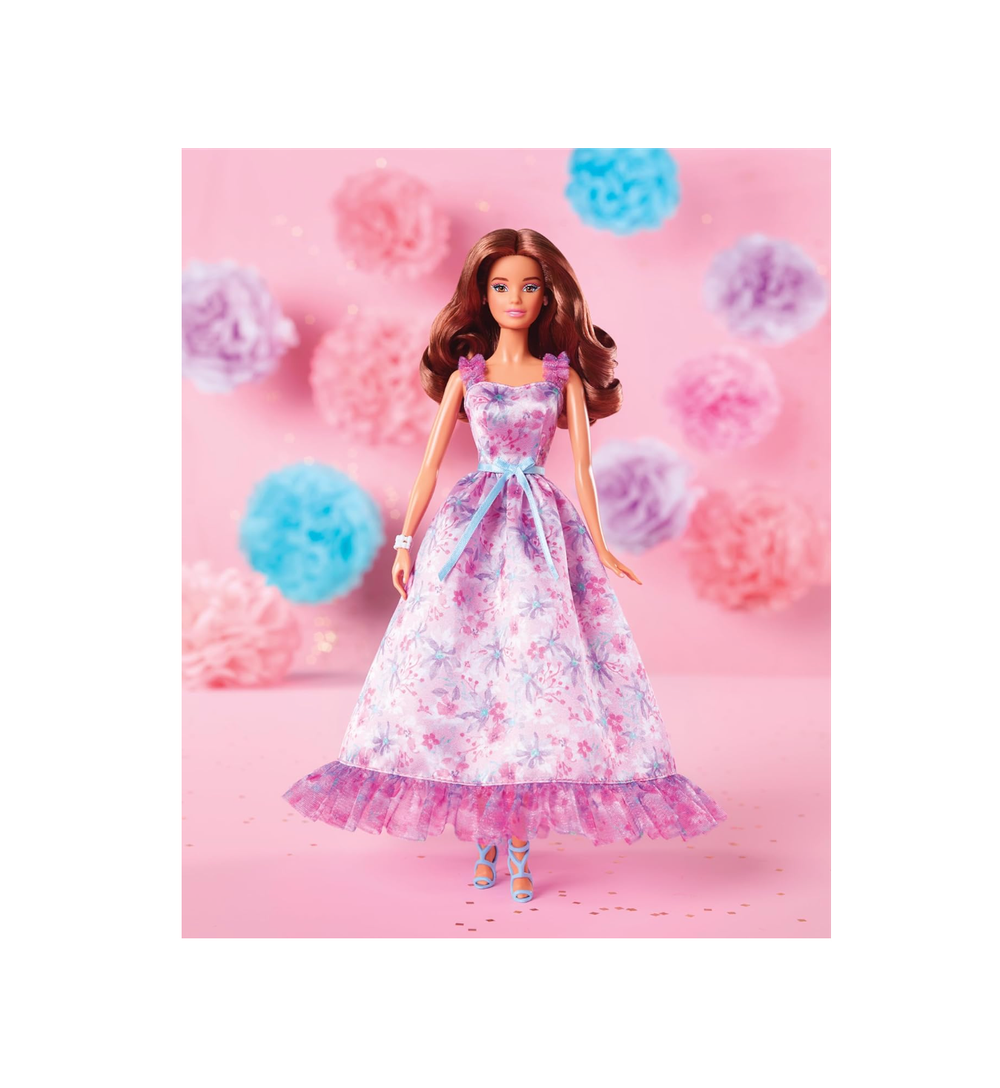 Кукла Barbie Signature с поздравлениями на день рождения, коллекционная, в атласном сиреневом платье, с волнистыми каштановыми волосами, в подарочной упаковке