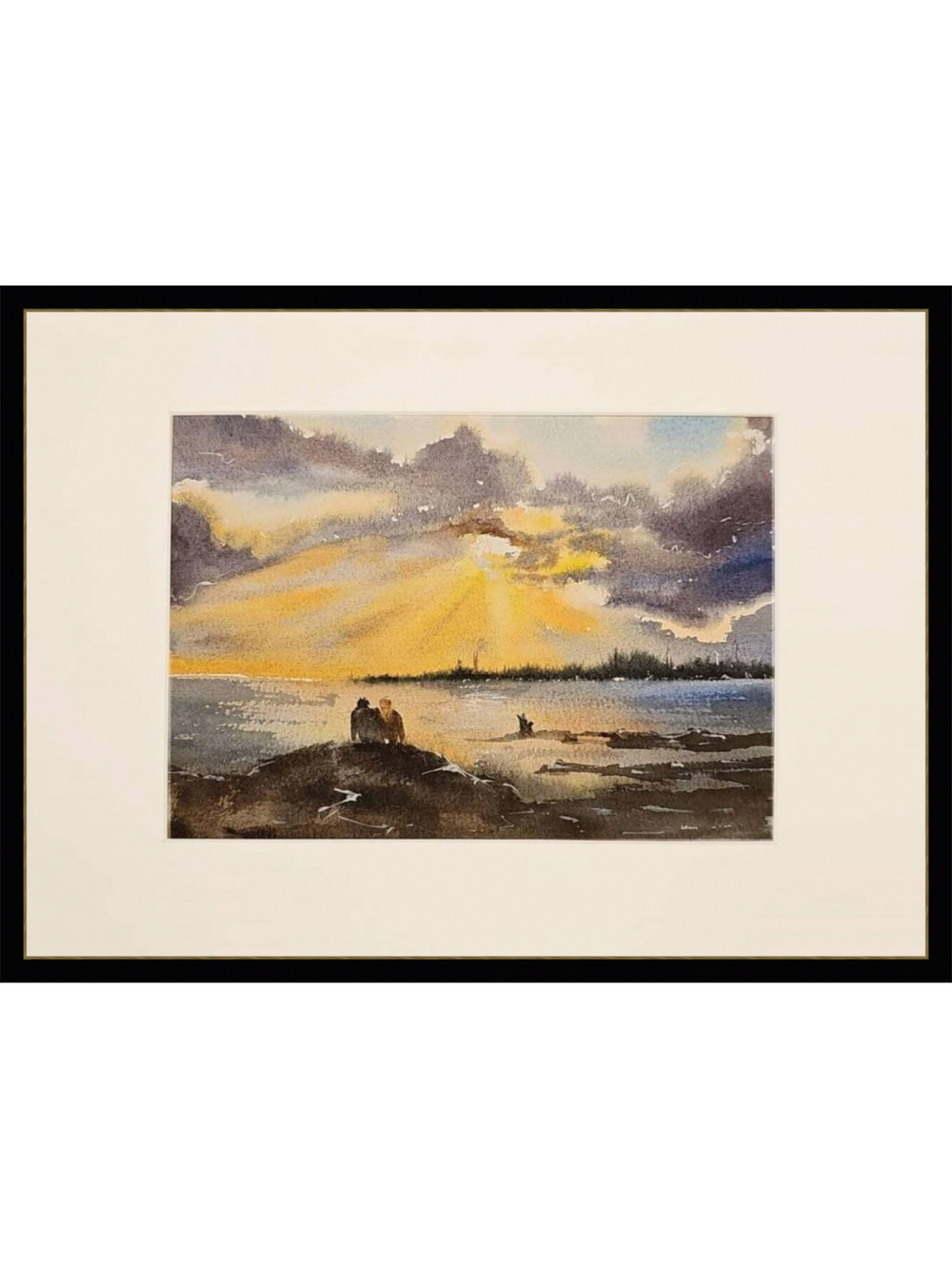 Картина авторская акварельная в паспарту 21*30 см на стену для интерьера "Он, она и собака"