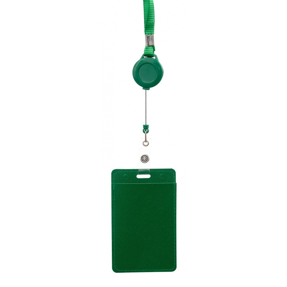 Бейдж на шнурке с рулеткой (ретрактором) Basir вертикальный, кожзам, 105*65 мм, зелёный