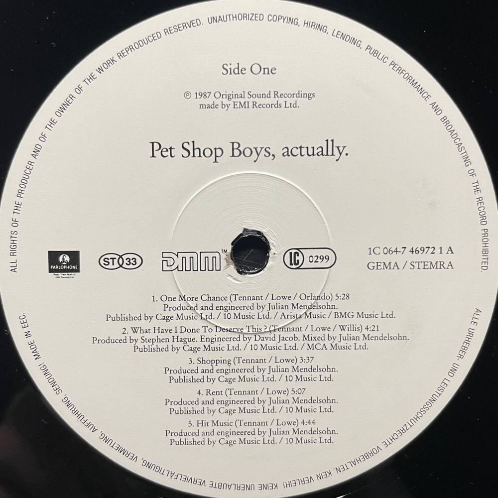 Pet Shop Boys ‎– Actually (Европа 1987г.)