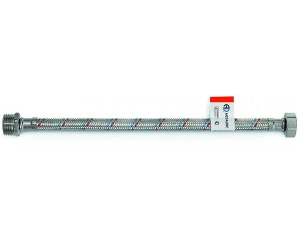 AQUALINE Подводка гибкая для воды с нак.гайкой-ЛАТУНЬ,стальная оплетка 1/2-80см,(вн-нар, г/ш),1430