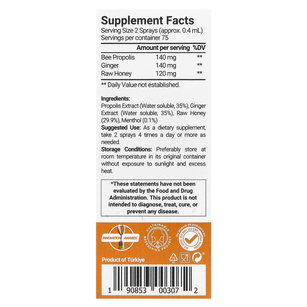 Bee & You, Спрей для горла с прополисом и имбирем, 30 мл (1 жидк. Унция)