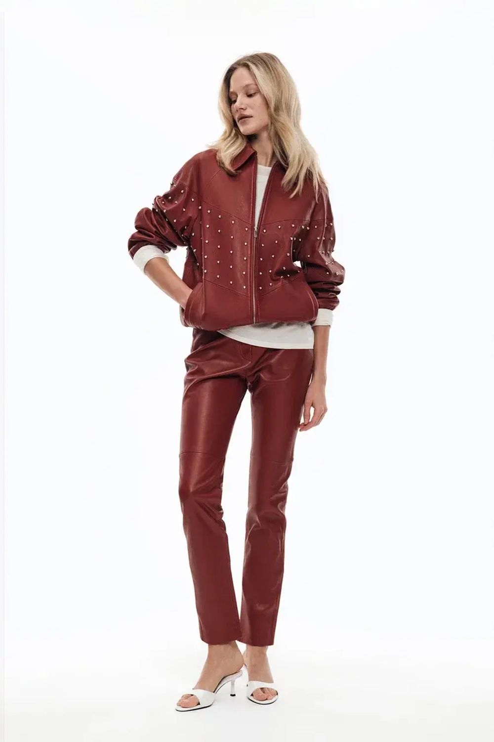 Кожаный бомбер (((Самая красивая куртка))), бордовая