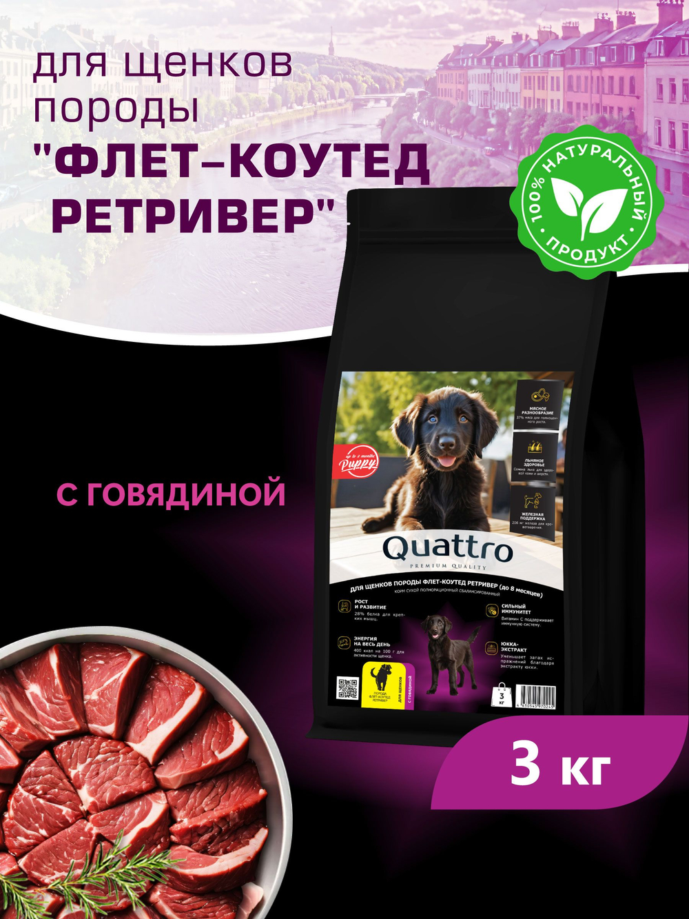 Корм сухой для щенков породы Флет-коутед ретривер, с говядиной, 3 кг, QUATTRO