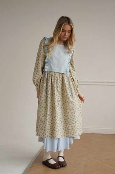 Платье Ева из фланели, Кремовый с голубыми цветами