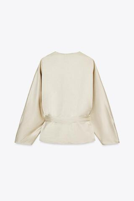 ZARA БЛУЗА С ЗАПАХОМ И ЗАВЯЗКАМИ ИЗ ЛЬНА ZW COLLECTION, БЕЖЕВЫЙ