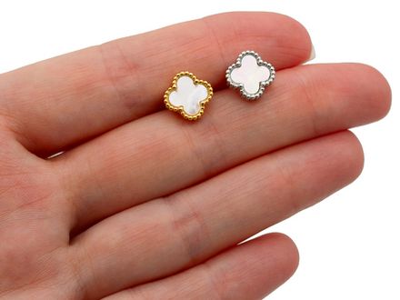 Серьги-гвоздики Клевер 10,5мм, c перламутром