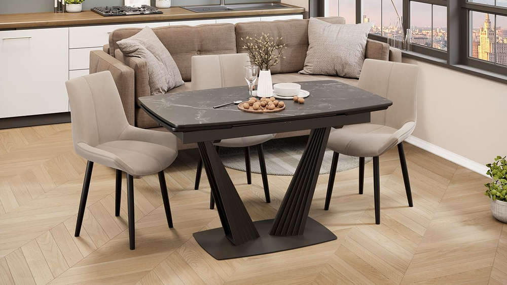 Стол кухонный обеденный раздвижной Черный муар/Керамика матовая серый мрамор 130(190)х80х76 см