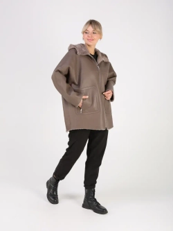 Дубленка зимняя натуральная с капюшоном оверсайз