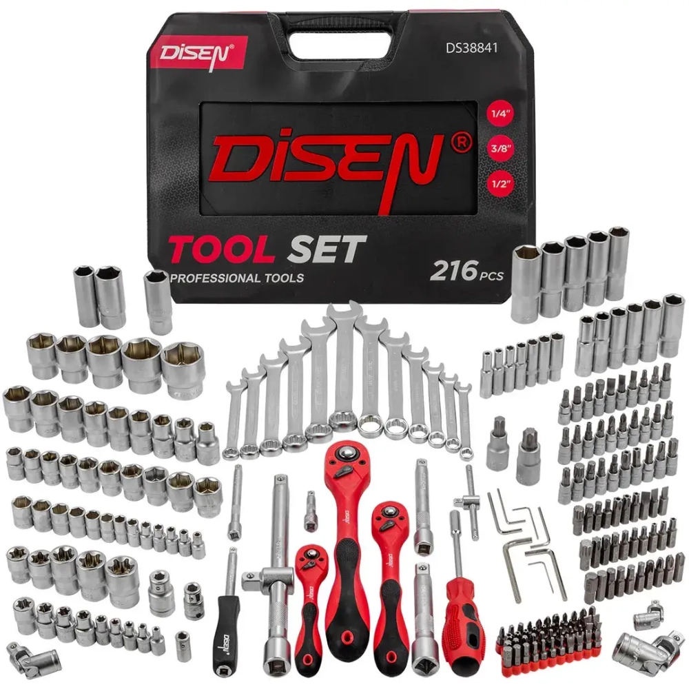 Набор инструментов 216 пр.1/4'',3/8'',1/2''(6гр.)(4-32мм) DISEN DS38841