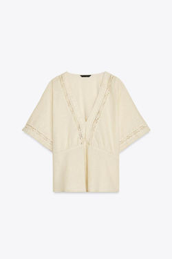 ZARA ТОП ИЗ СМЕСОВОГО ЛЬНА С КРУЖЕВОМ, ПЕСОЧНЫЙ