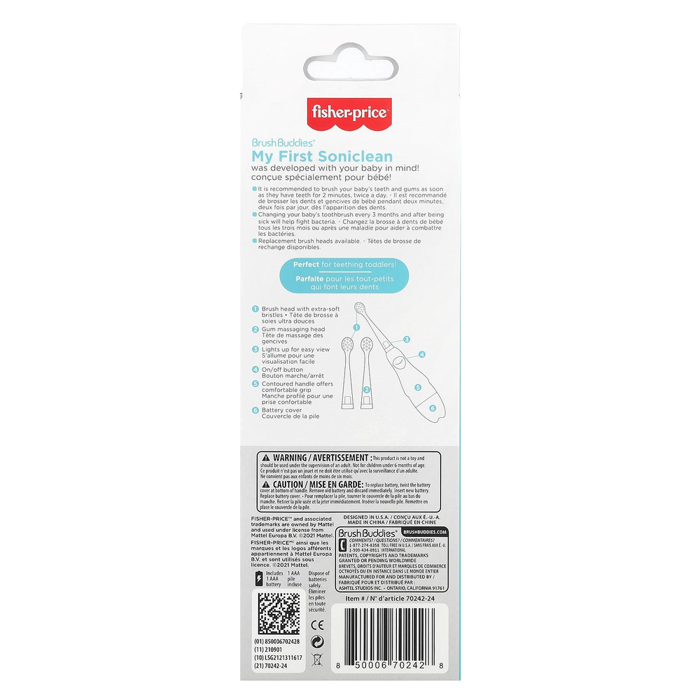 Fisher-Price, BrushBuddies, My First Soniclean, от 6 месяцев, 1 зубная щетка + головка для массажа десен