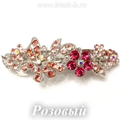 Заколка с замком на серебристой основе "Бабочка на цветах", Розовый