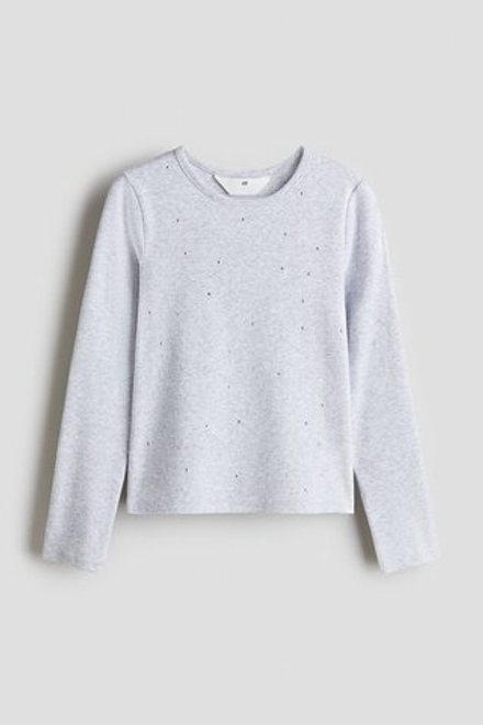 H&M Лонгслив из хлопка и джерси с длинными рукавами, светло-серый
