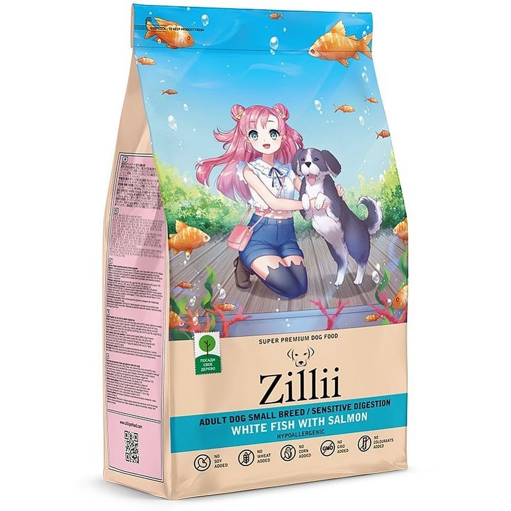 Сухой корм ZILLII Adult Dog Small Breed Sensitive Digestion для собак мелких пород с белой рыбой и лососем, Пакет 800г