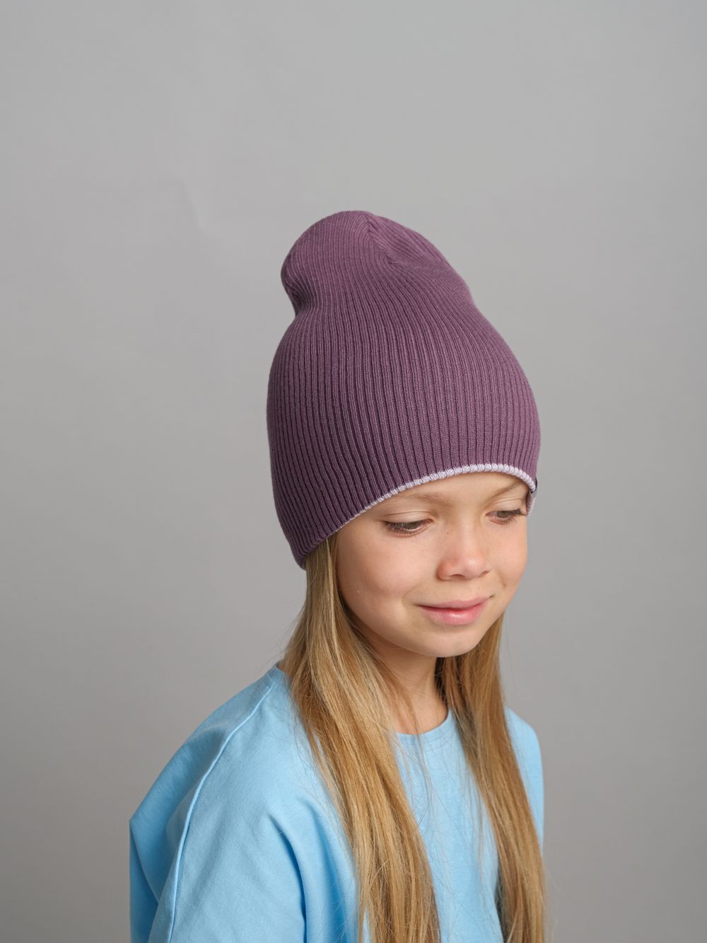 Шапка вязаная хлопковая ТВИНС(Лаванда, виноград)