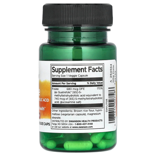 Swanson Vitamins, Фолат, 30 вегетарианских капсул (680 мкг DFE в 1 капсуле)