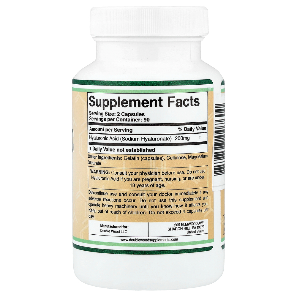 Double Wood Supplements, гиалуроновая кислота, 180 капсул (100 мг в 1 капсуле)