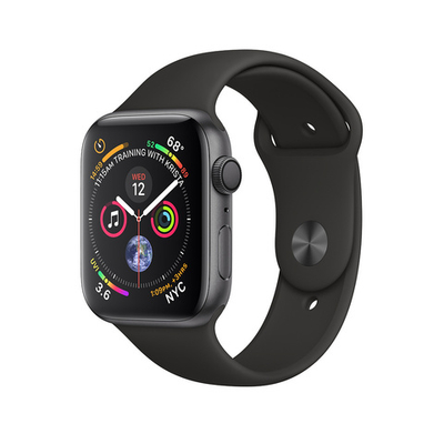 Apple Watch Series 4, 44 мм, корпус из алюминия цвета «серый космос», спортивный ремешок черного цвета