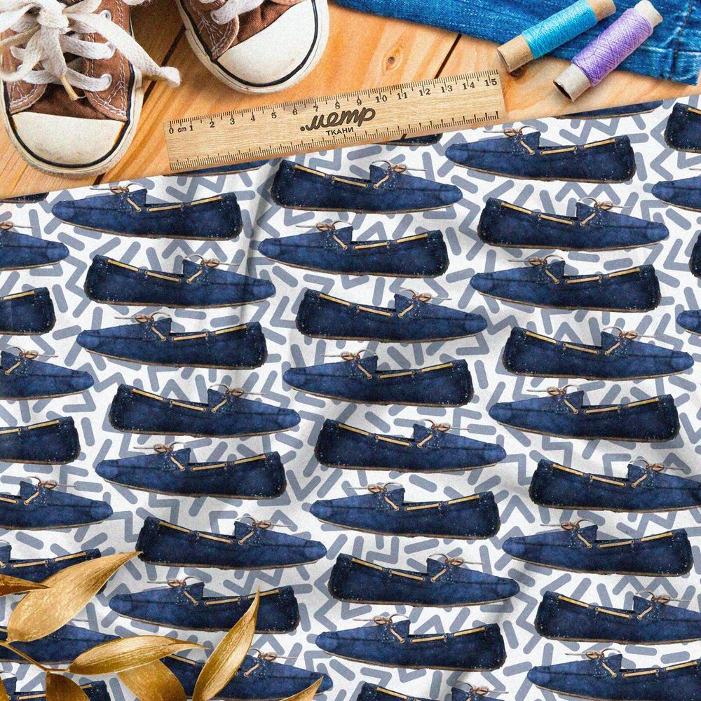 Ткань барби синие туфли на белом фоне с рисунком