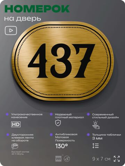 Номерок на дверь квартиры 437, для кабинета, офиса, шильдик 9 х 7 см, золотистый, Айдентика Технолоджи