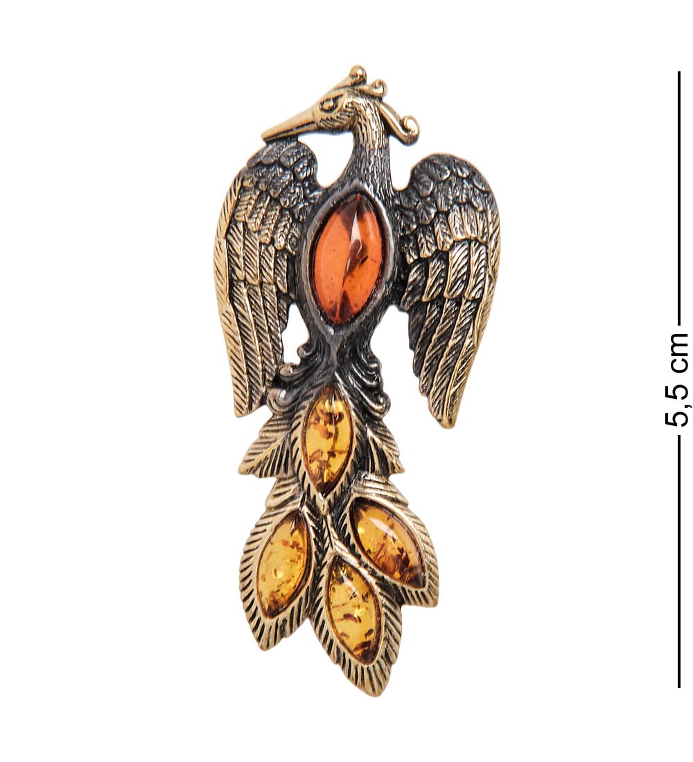 AM- 898 Брошь «Жар-птица» (латунь, янтарь)