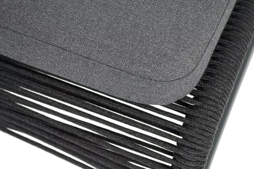 "Ането" стул плетеный из роупа, каркас алюминий темно-серый (RAL7024) муар, роуп темно-серый круглый, ткань темно-серая 027