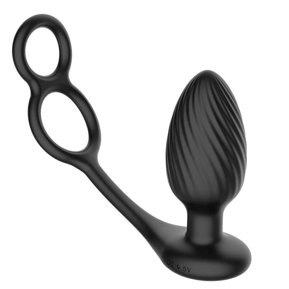 Черная анальная вибровтулка Tornado with Cock & Ball Rings с эрекционными кольцами