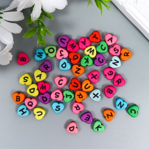 Набор бусин для творчества пластик "Яркие сердца с английскими буквами" 20 гр 1х1 см   7338702
