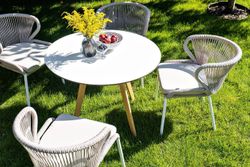 "Милан" стул плетеный из роупа, каркас алюминий белый шагрень, роуп бежевый круглый, ткань бежевая