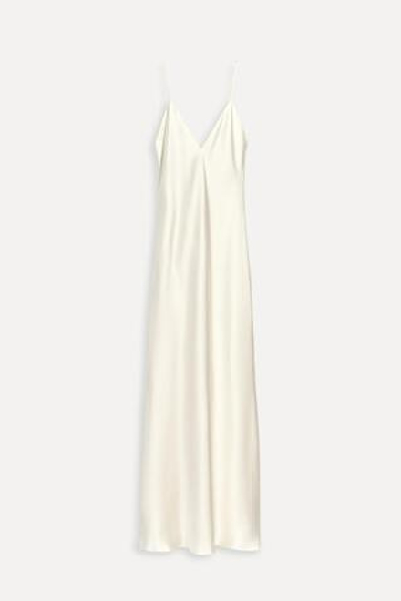 ZARA АТЛАСНОЕ ПЛАТЬЕ МИДИ — 50TH ANNIVERSARY, ЖЕЛТОВАТО-БЕЛЫЙ