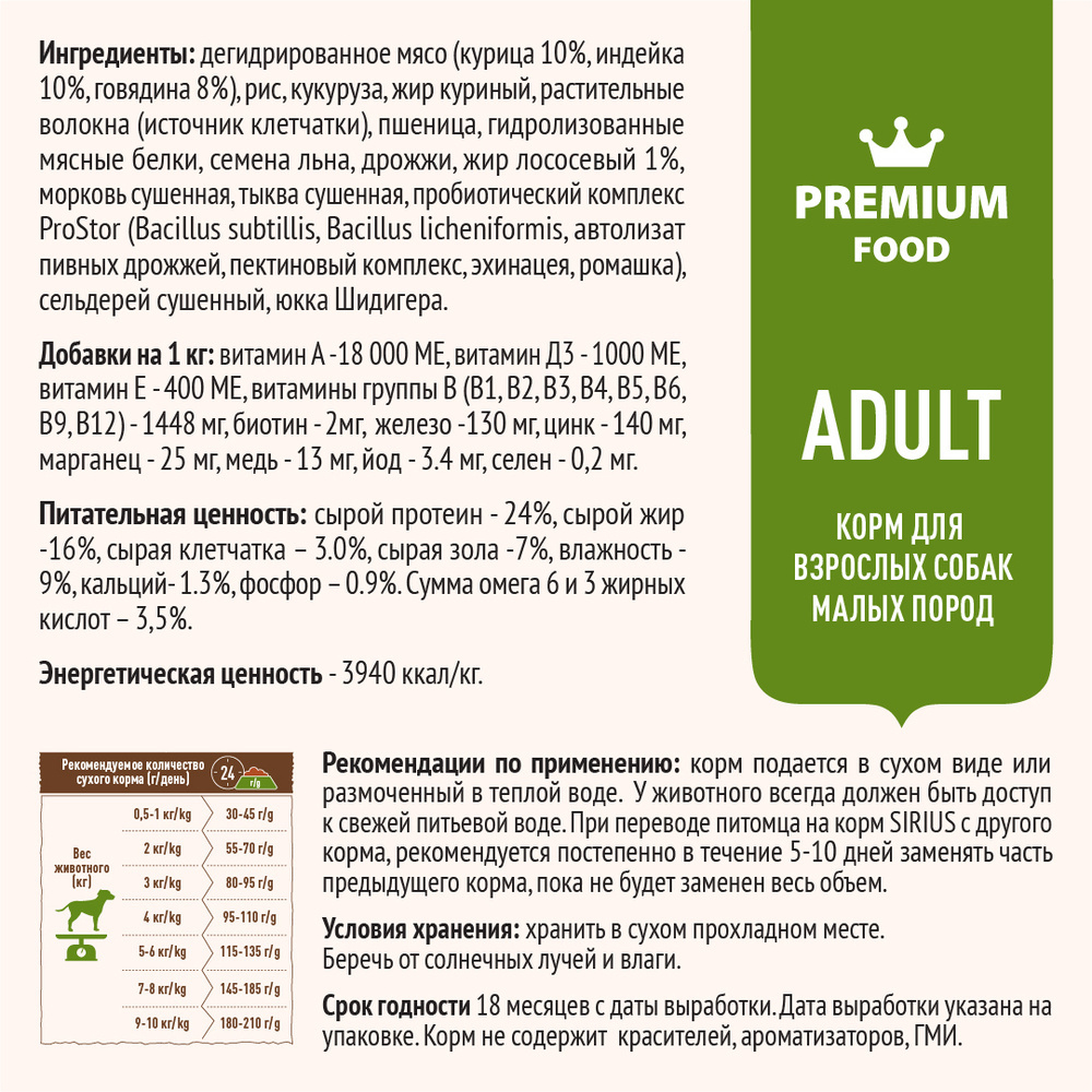 Sirius Adult Сухой полнорационный корм для взрослых собак мелких пород, Говядина и рис, 2 кг