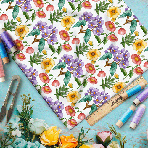 Ткань шелк Армани нежные разноцветные цветы на бежевом фоне