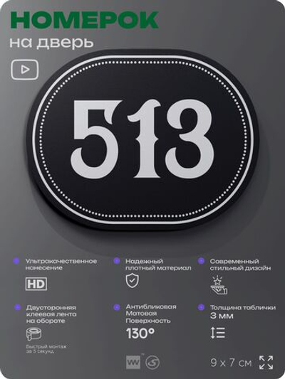 Номерок на дверь квартиры 513, для кабинета, офиса, шильдик 9 х 7 см, черный, Айдентика Технолоджи