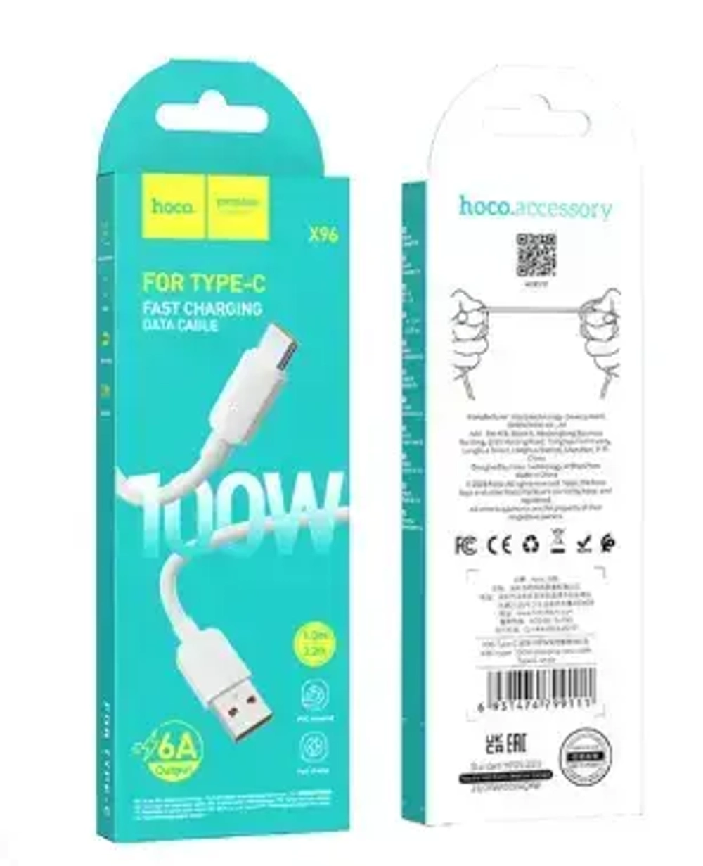 Кабель HOCO X96 USB-Type-C 100W 6A 1м PVC White
