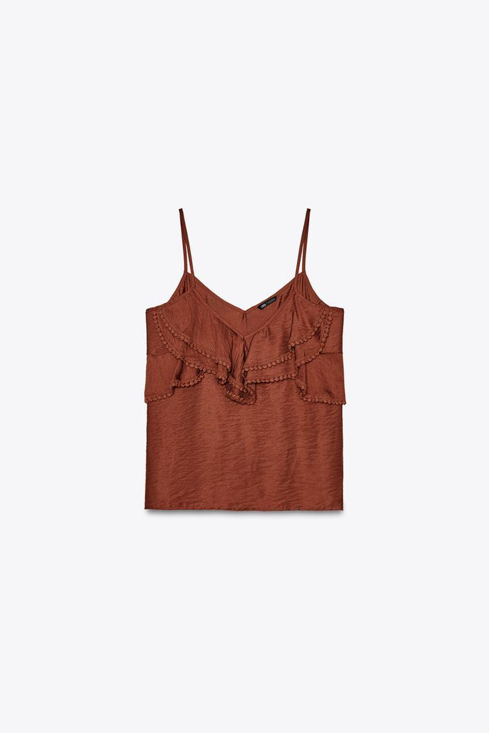 ZARA ТОП С ВОЛАНАМИ И КРУЖЕВОМ, ТЕРРАКОТОВЫЙ