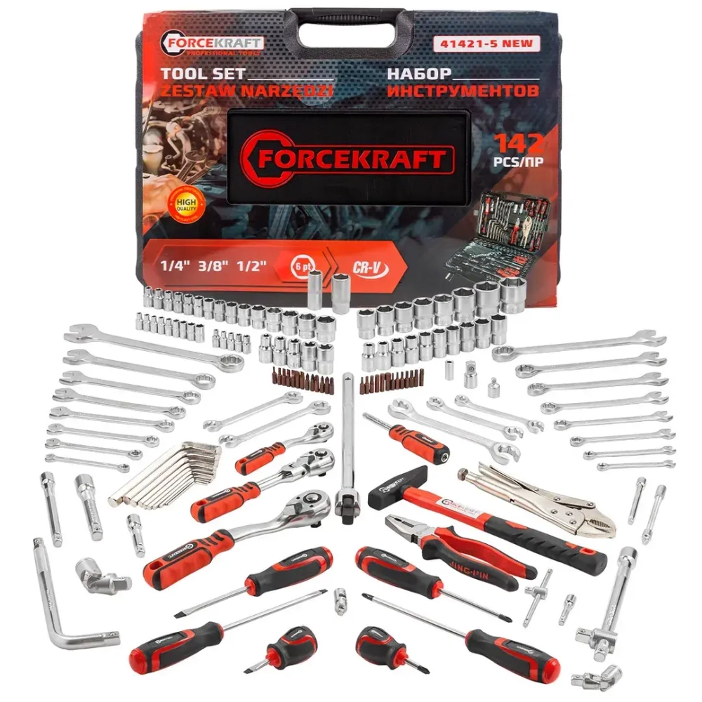 Набор инструментов 142 пр.1/4''3/8''1/2''(6-гр.)(4-32мм) FORCEKRAFT FK-41421-5 new