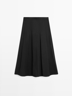 Massimo Dutti Миди-юбка из смесовой хлопковой ткани с плиссировкой, черный