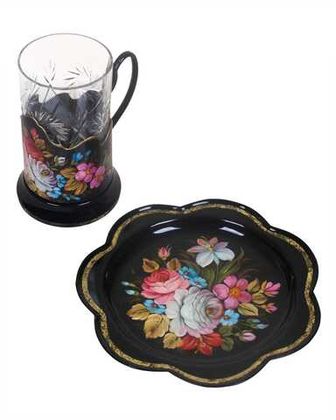 Set of tea glass holder and zhostovo metal tray 18 cm SET18D20072023001