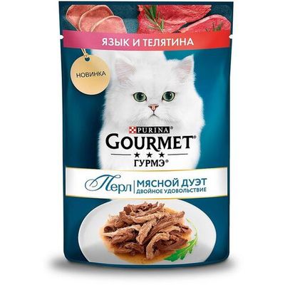 Влажный корм Gourmet® Гурмэ Перл Мясной Дуэт для кошек нежное филе с телятиной и языком в соусе, пауч 75 г