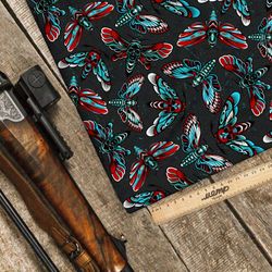 Ткань шелк Армани красно-синие цикады на чёрном фоне