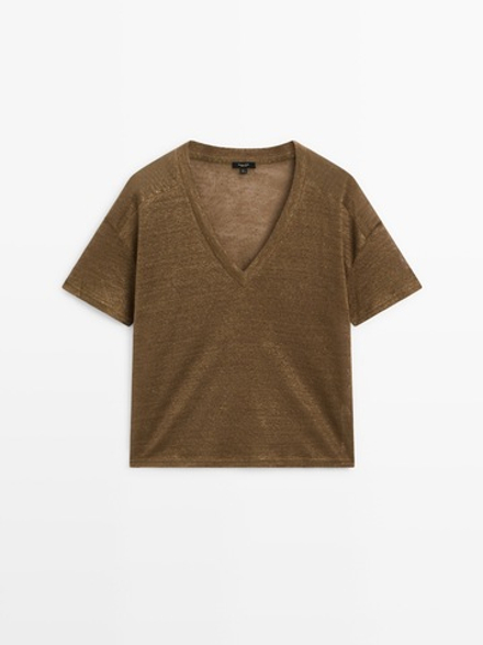 Massimo Dutti Футболка из 100% льна с V-образным вырезом, табачный