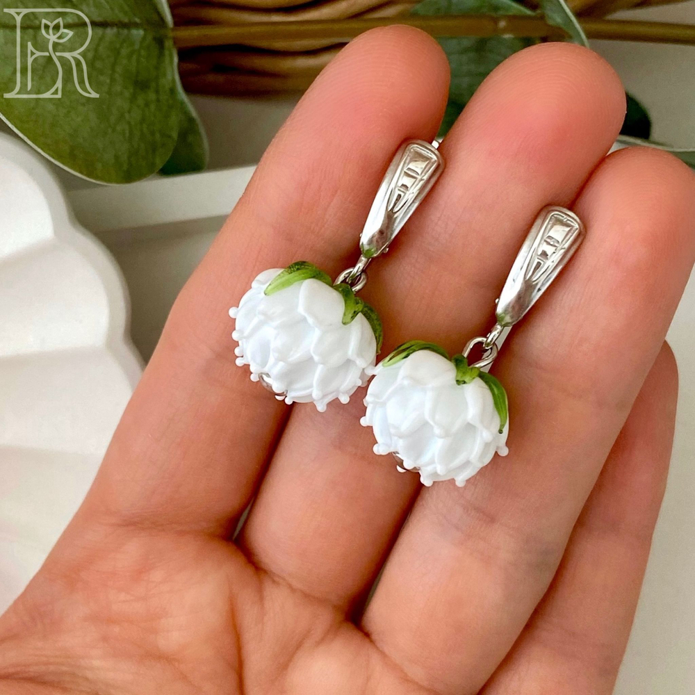 LEFIREL' Серьги серебряные женские "Клевер" с цветами из муранского стекла / ювелирные украшения из родированного серебра 925