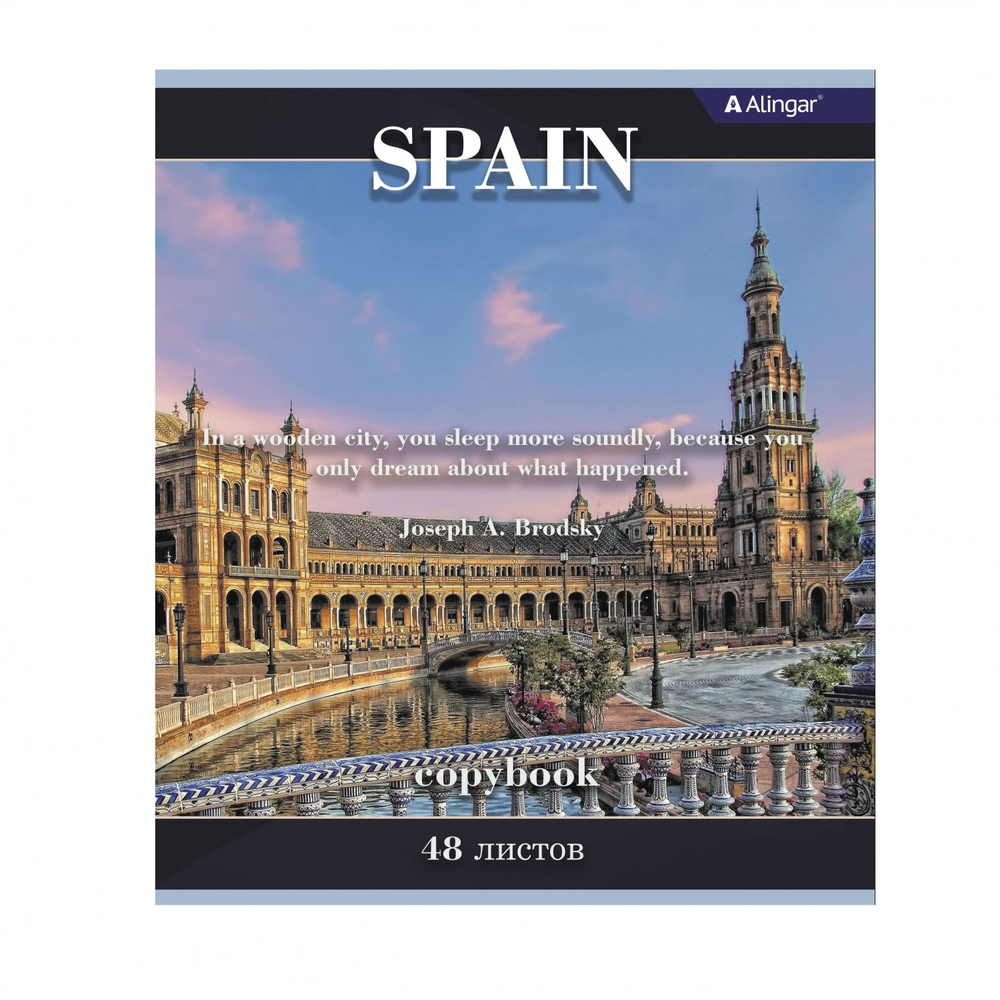 Тетрадь 48л., А5, клетка,Alingar, "Города Европы", скрепка, мелованный картон (стандарт), блок офсет, 4 дизайна в пленке т/у