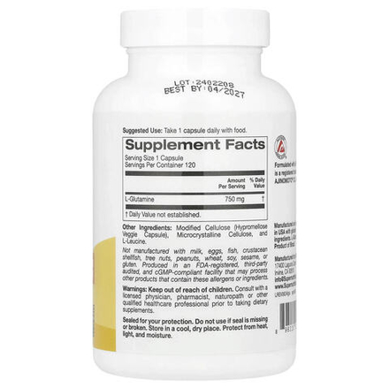 Super Nutrition, L-глютамин, 750 мг, 120 растительных капсул