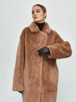 Шуба чебурашка длинная из овечьей шерсти, светло-коричневая, SilverFox
