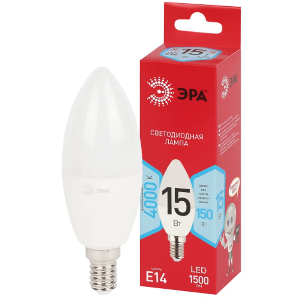 Лампа светодиодная ЭРА RED LINE LED B35-15W-840-E14 R 15Вт свеча нейтральный белый свет Е14 | Лампы cветодиодные Свеча (B/C)