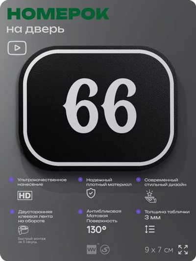 Номерок на дверь квартиры 66, для кабинета, офиса, шильдик 9 х 7 см, черный, Айдентика Технолоджи